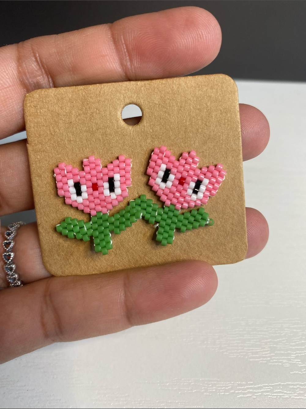 Handmade Pink Beaded Tulip earrings for Kids